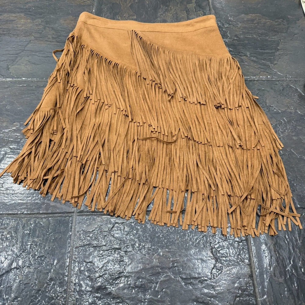 Fringed Suede Mini Skirt - Tan - Picture 3 of 6